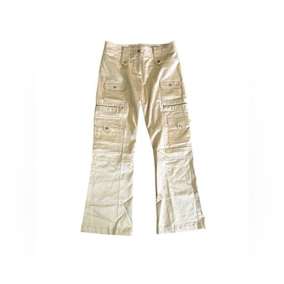Cache Gold Satin Cargo Flare Pants Size 6 Vintage Y2K Cotton Rayon - Picture 9 of 9
